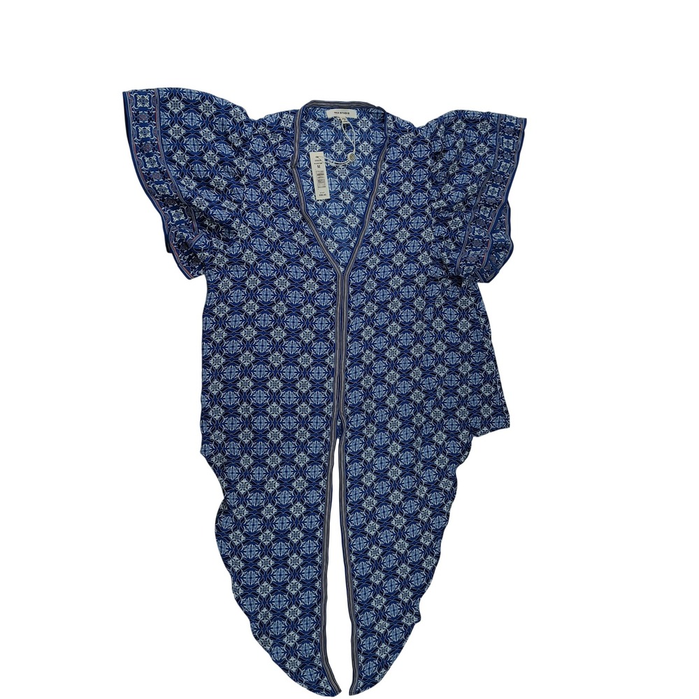 Max Studio Blouse Tie Front Blue Patterned Ruffle Sleeve Size M Pull Over